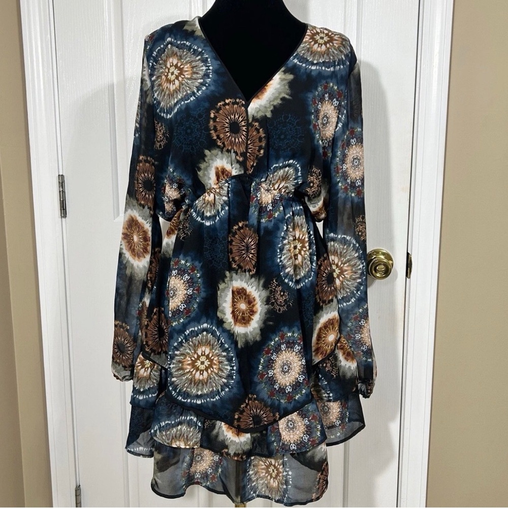Young at Heart Boho Chiffon Tiered Ruffle Dress Navy Multi Print Size L